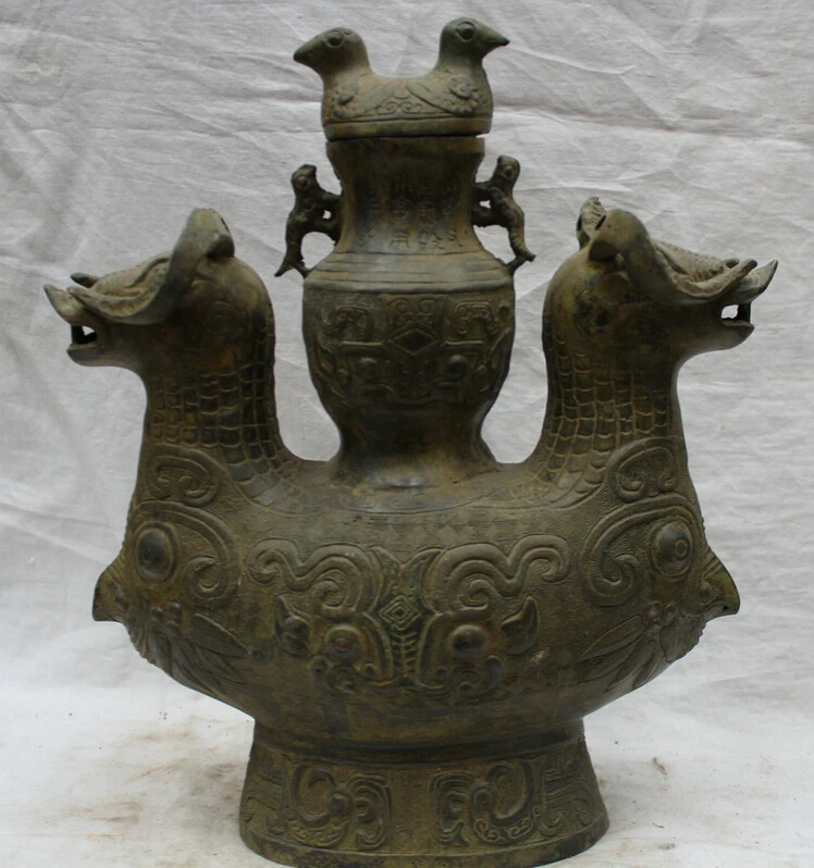 

song voge gem S1922 13" Old Chinese Bronze Dynasty Beast Head Bird Statue Zun Bottle Vase Pot Jar