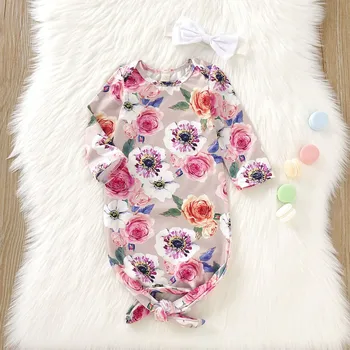 

3 Colors Cotton 0-2T Autumn Baby Long Sleeve Rompers Cotton Floral Print Sleepwear Outfits+Headband Newborn Sleeping Bag Set