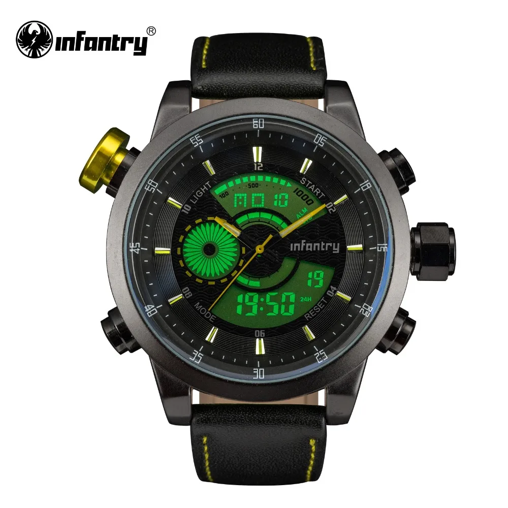

INFANTRY Mens Quartz Watch Dual Time Digital Wristwatch Famous Brand Sports Military Clock PU Leather Relogio Masculino Yellow