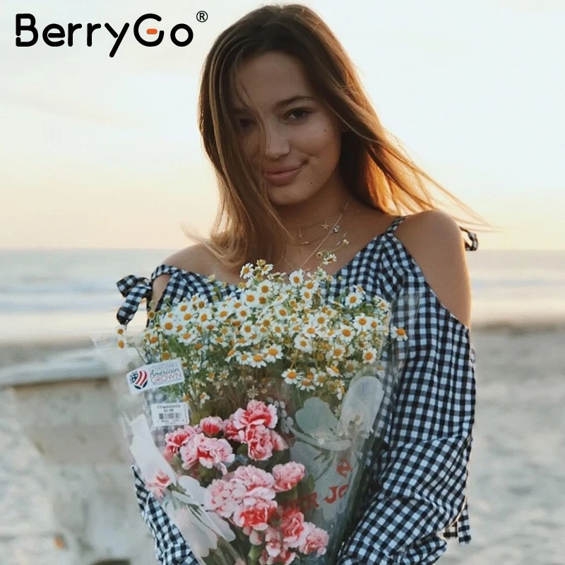 Berrygo Sexy с открытыми плечами Клетчатая блуза рубашка Для женщин лук длинные рукава