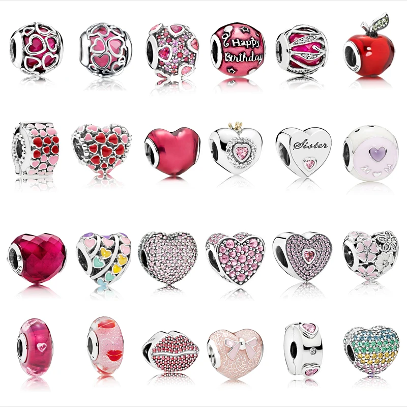 

Heart Beads 925 Sterling Silver Fit Pandora Original Charm Bracelet Silver 925 Pink Zircon Fashion Jewelry Valentine's Day Gift