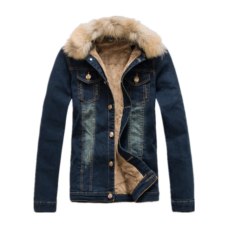 2018 Mens Denim Jacket with Fur Collar Retro Ripped Fleece Jeans Jacket and Coat for Autumn
