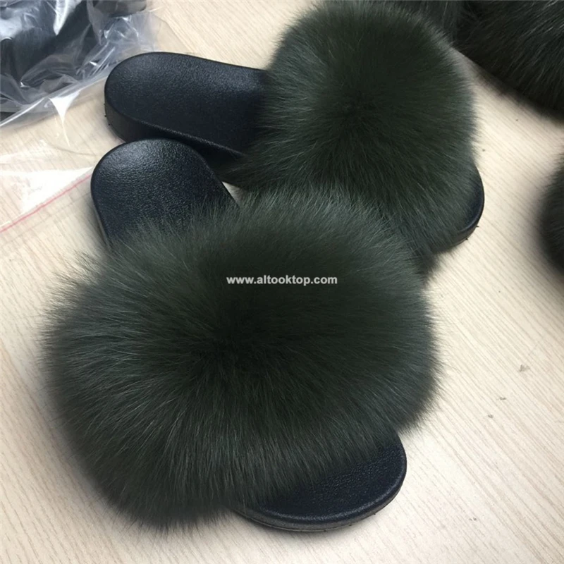Summer women fox fur slippers designer fur slides fuzzy slippers flat heel shoes flip flops furry