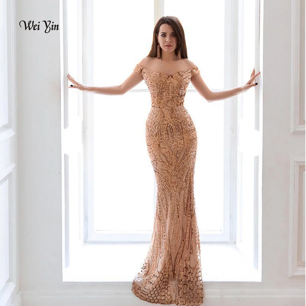 weiyin Gold Sequin Mermaid Evening Dresses Long Off Shoulder Navy Blue Women Maxi Evening Party Gowns Special Occasion Dress