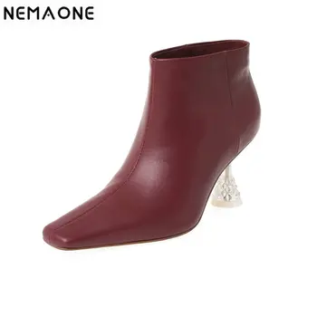 

NEMAONE100% cow leather women ankle boots High Heels office ladies Shoes slip-on Woman Ankle Boots large size 34-43