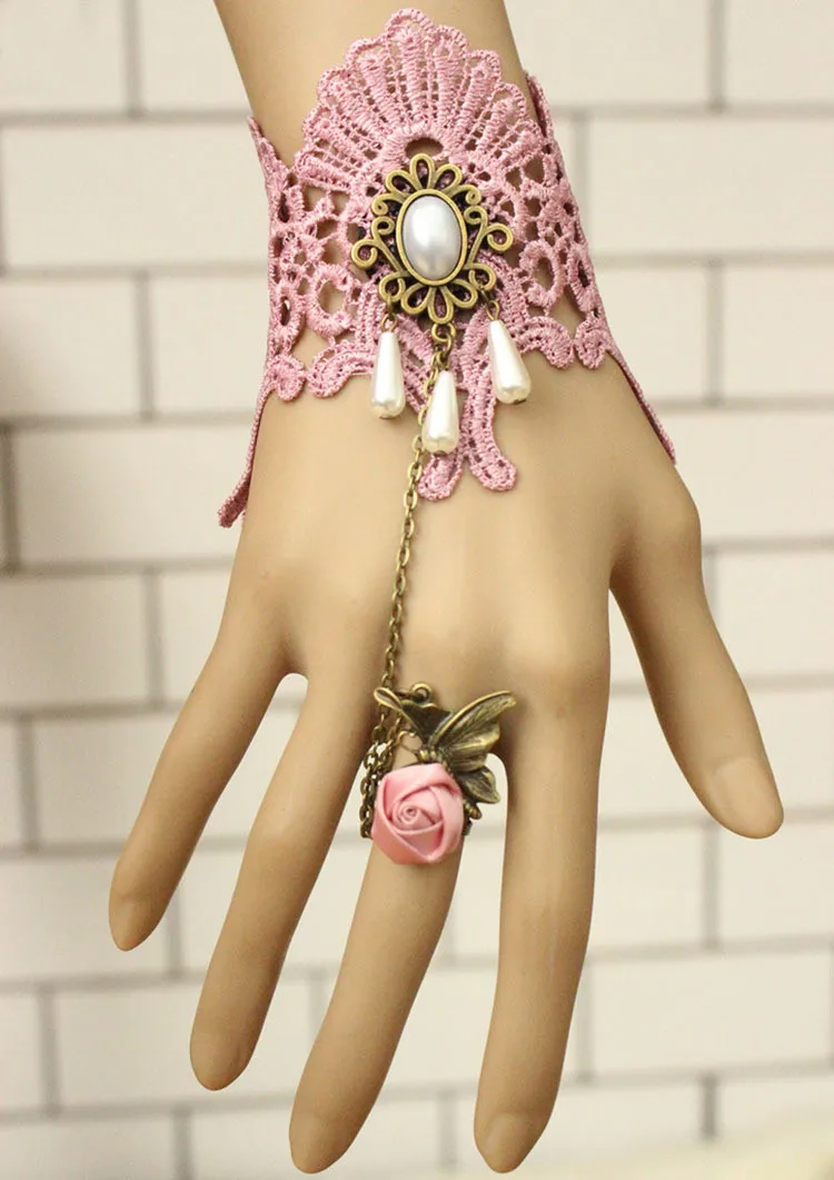 Новое поступление, кружевные розовые сексуальные женские Вечерние перчатки принцессы для танцев и выступлений, косплей перчатки с цепочкой, короткое кольцо на палец