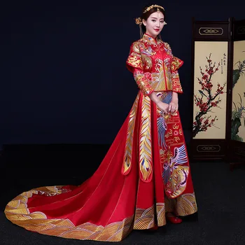 

Sumptuous Chinese Style Wedding Dress Red Phoenix Retro Bride Toast Wedding Festive Dress Formal Cheongsam Vintage Long-sleeve
