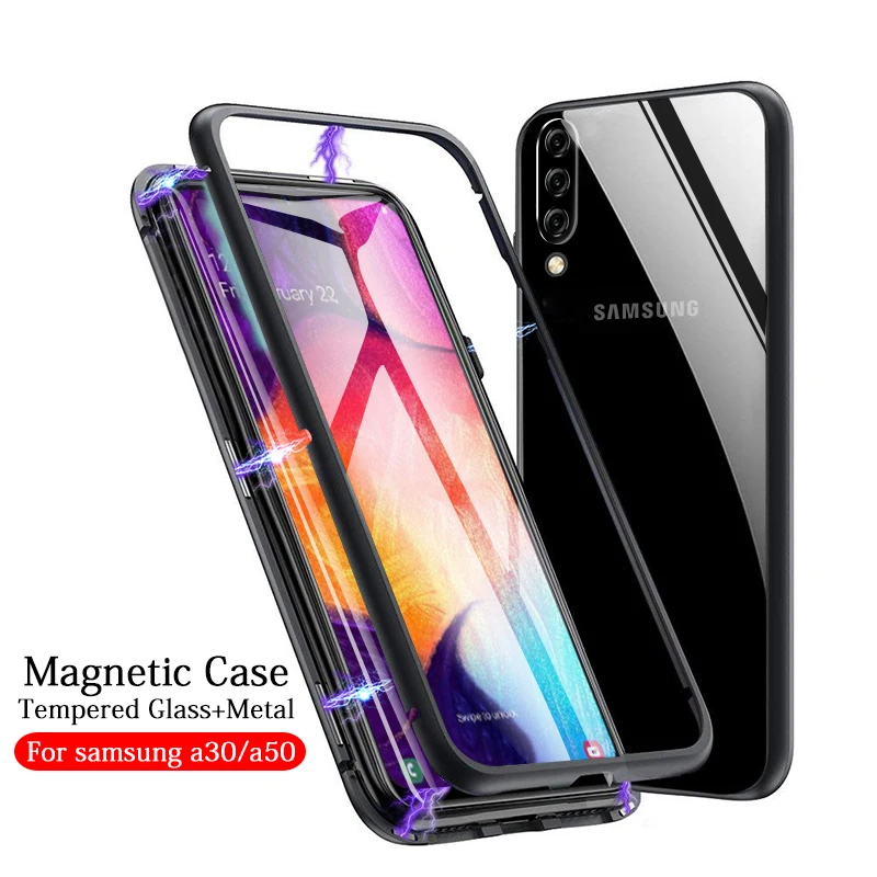 

Magnetic Phone Case For Samsung Galaxy A50 Metal Glass Cover on the For Samsung A30 a 30 50 A505F A505 A305F Magnet Flip shell