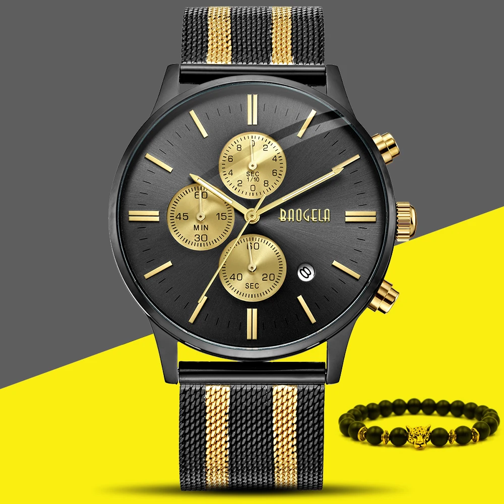 

2019 Gradient Color Golden Chronograph Fashion Men's Watch Multi-Function Stainless Steel Mesh Sports Slim Male Watch Masculino