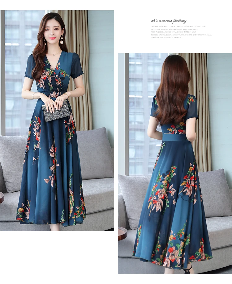 Loose Large Size Beach Vacation Dress New Arrival Print Chiffon Dress V Neck Fashion Elegant midi dress Casual korean dress