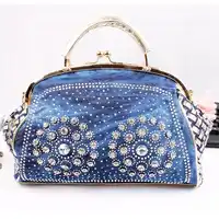 2017 fashion denim women handbags designer weaving tote bag crystal diamond decorative big bag