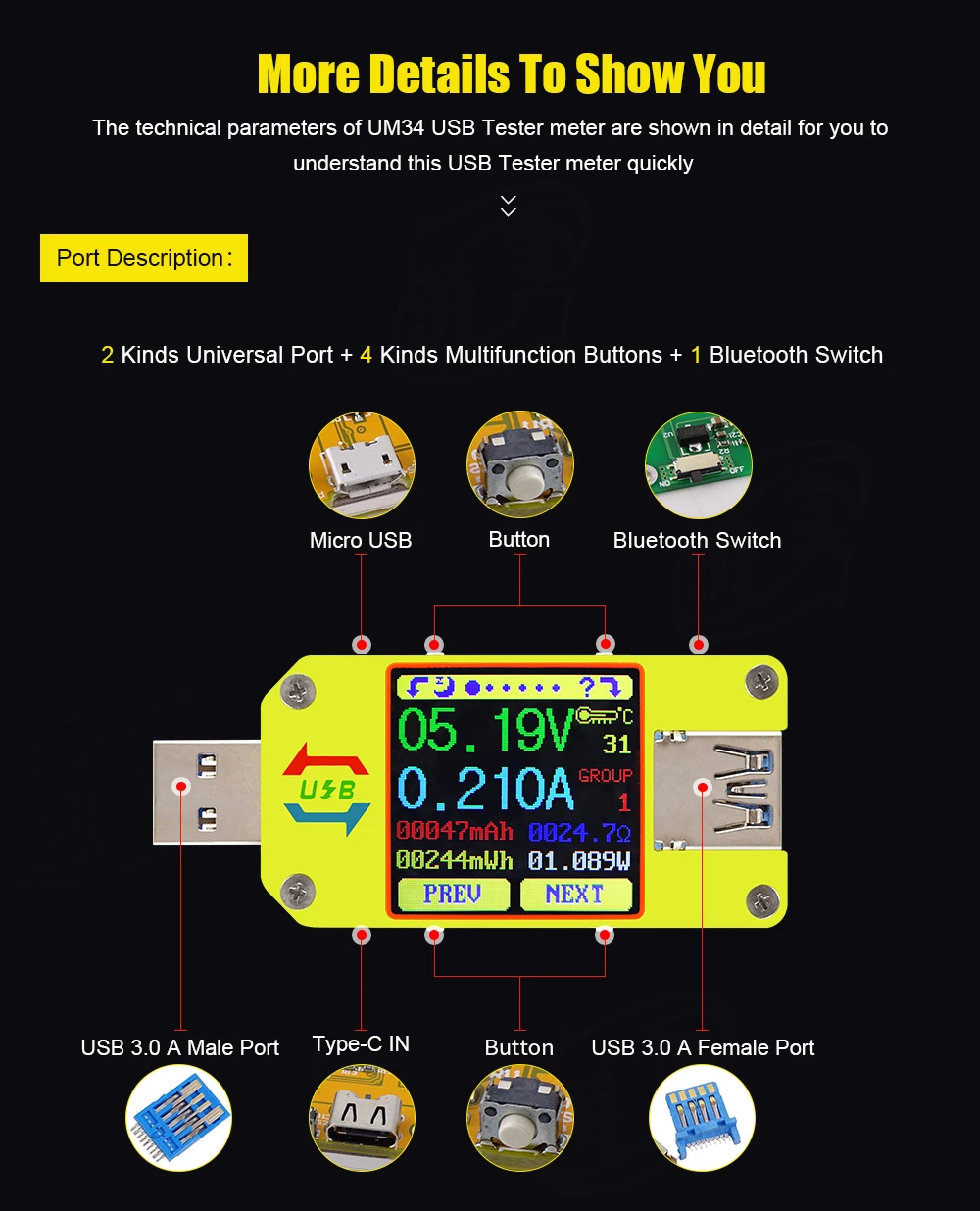 RD UM34 UM34C Для APP USB 3,0 Тип-C DC Вольтметр Амперметр Напряжение измеритель тока, для батареи зарядки измерения Кабельный тестер сопротивления