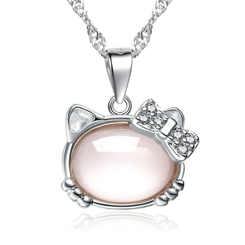 

KOFSAC Cute Cat Pink Stones Pendant Necklace Jewelry New Fashion 925 Silver Chain Necklaces For Women Birthday Gifts Accessories