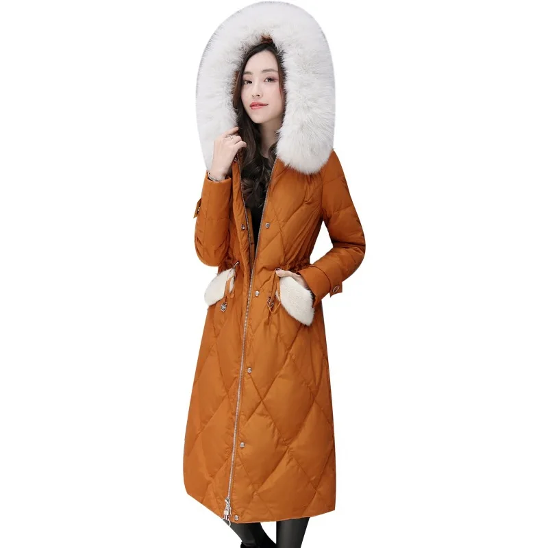 Tcyeek, женский зимний пуховик, пуховик, пальто для женщин, X-Long, искусственный Лисий мех, с капюшоном, одежда, толстый белый утиный пух, пальто для женщин, LWL1091
