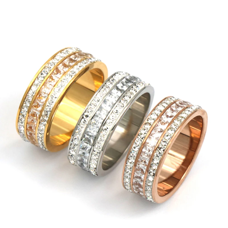 

PZ Stainless Steel jewelry Fashion Women Ring Finger Jewelry Rose Gold /Steel /Gold Color Rhinestone Crystal Rings 6/7/8/9 Size