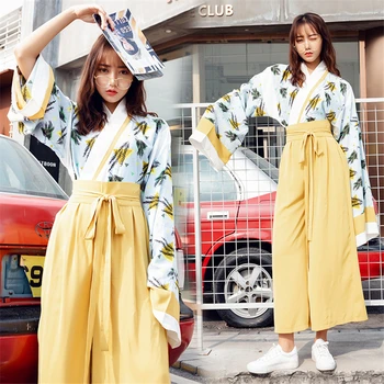

2020 Japanese Kimono for Woman Oriental Fashion Japan Clothing Set Large Long Sleeve Wide Leg Pants Party Photography Costumes