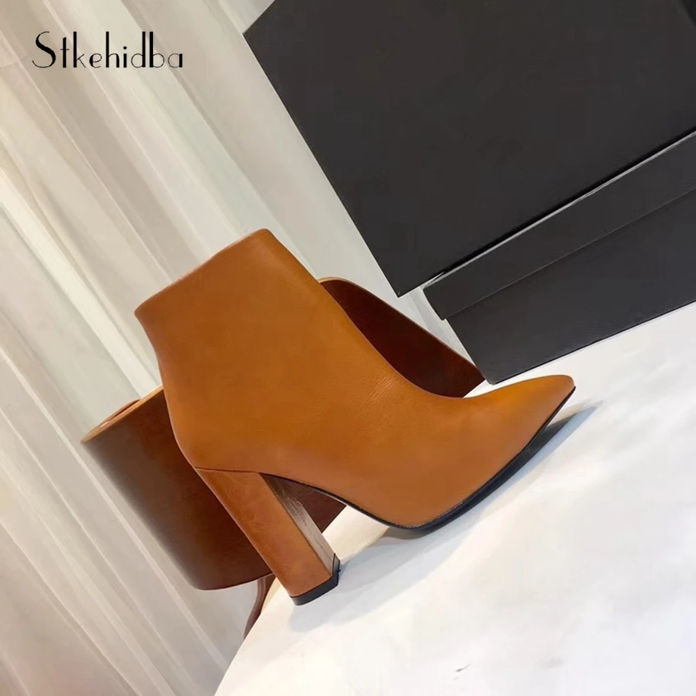 

Stkehidba Autumn Winter Women's Boots Improted Sheepskin Leather Women's Shoes Pointed Toe Ankle Boots High Heeled Zipper Boots