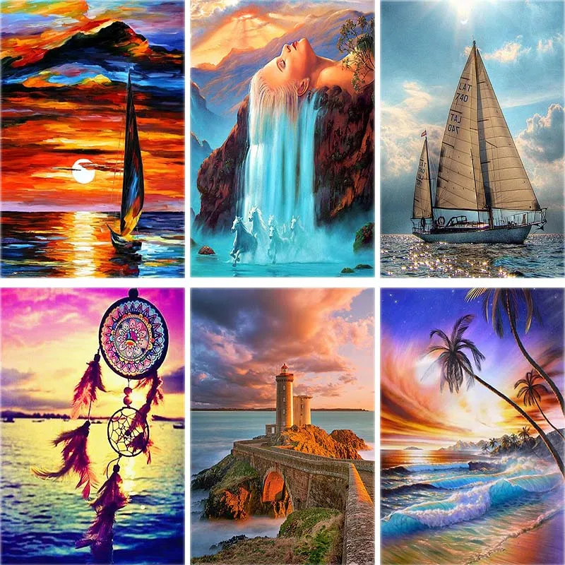 

Boat Diamond Painting Landscape Full Square 5d Diy Diamond Embroidery Sea View Tree Cross-stitch Rhinestone Home Decor Gift A13