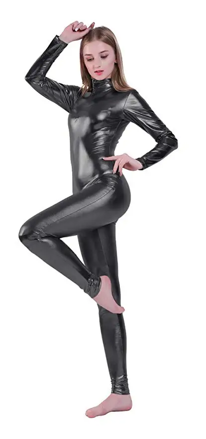 AOYLISEY Women Shiny Metallic Unitard Long Sleeve Mock Neck Ballet Jumpsuits One Piece Turtleneck Dance wear Men Zentai Costumes