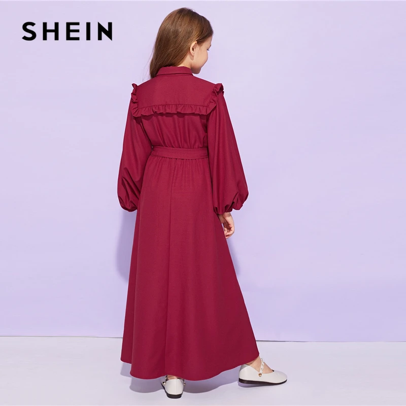 SHEIN/милое Бордовое платье с оборкой и поясом для девочек; детская одежда; коллекция года; весеннее повседневное длинное платье трапециевидной формы с длинными рукавами и пуговицами