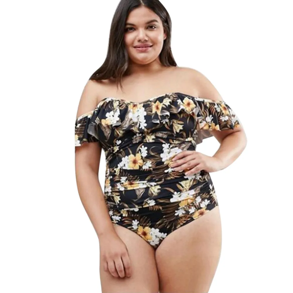

Plus Size Swimwear Women 2019 Summer Oversized Floral One Piece Swimsuit Sexy Off Shoulder Swimming Suit Maio Feminino Praia