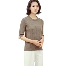 Летняя трикотажная женская футболка, корейский однотонный Тонкий кашемировый свитер с коротким рукавом и круглым вырезом, пуловер-рубашка женская, повседневные топы