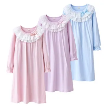 

110-170cm Cotton Girls Nightgowns Spring Autumn Nightdress Children Sleepwear Princess Kids Girl Night Gown Lace Pajamas Clothes