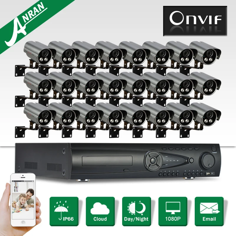 24CH NVR Network CCTV System+24pcs Video Recorder&Onvif 1080P HD Outdoor Weatherproof Security Surveillance Camera Kit+9TB HDD