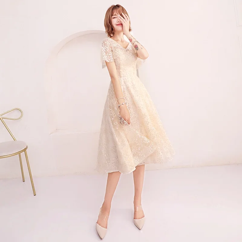 New Arrival Elegant Prom Dresses Little Khaki V-neck Evening Dresses Tulle Short Sleeve Sexy Long Party Gowns for Women ES1148