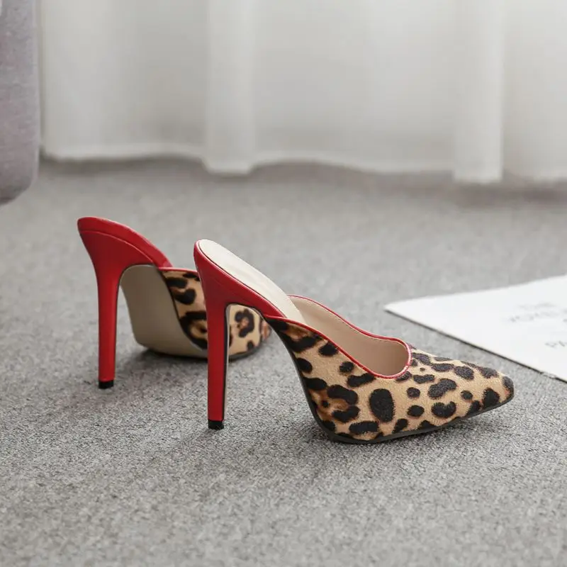 

Mixed Colors Slippers Heels Big Size Slides Women Shoes 2019 Shallow Pointed Toe Flock High Thin Sliders New Leopard leopard