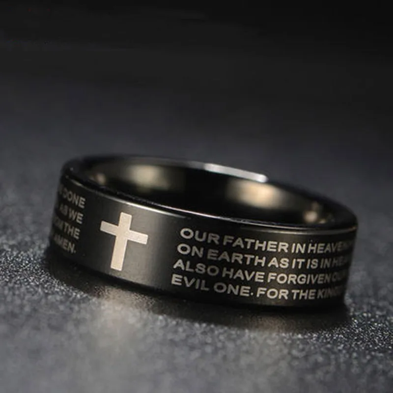 

Fashion classic ring new 8mm new hot sale stainless steel ring black men's wedding couple ring simple style cross scripture ring