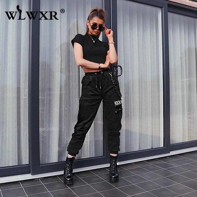 

WLWXR Casual Bodycon Harem Pants Women Trousers Letter Printed Elastic High Waist Pants Female Harajuku White Black Cargo Pants
