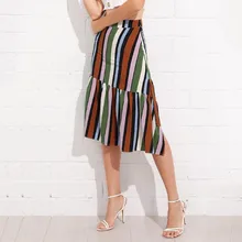 Women Ladies Striped Printing Irregular Pleated Skirt Folds Ruffle Long Skirt Short Skirts