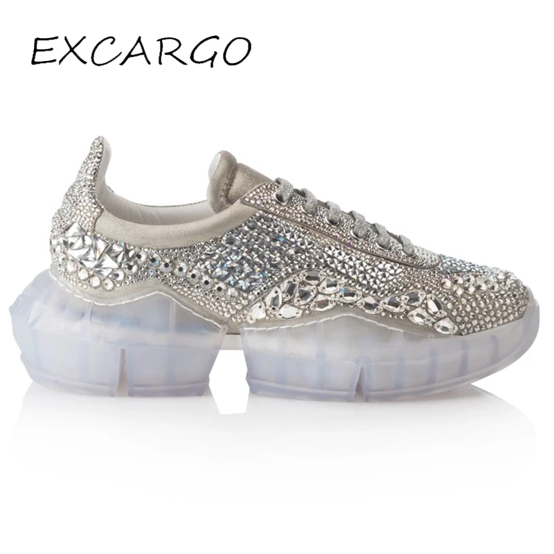 EXCARGO Rhinestone Sneakers Female Genuine Leather 2019 Spring Shoes Casual Woman Crystal Bottom Platform White Sneakers Size 40