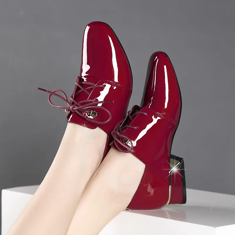 Inglaterra Las Pie Tacón Fsj Cerdo Cuero Encaje Goma Invierno Negro Cuadrado med Baja fsj02 Mujeres Zapatos Del Sólido Botas Dedo Rojo De Fsj01 Mujer Piel HPqwZHR