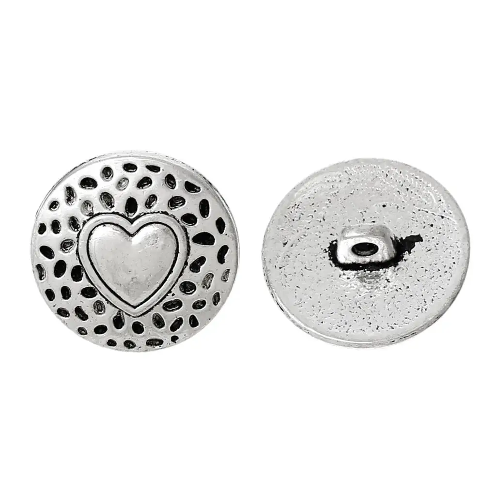 DoreenBeads Zinc metal alloy Shank Button Metal Round Silver color Single Hole Heart 18.0mm( 6/8&quot) Dia 2 PCs | Дом и сад