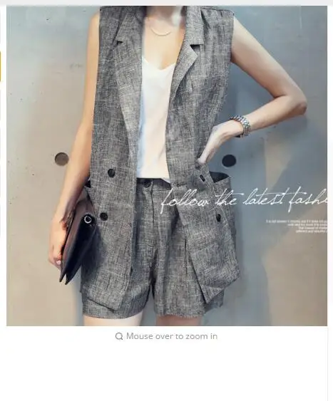 

2018 Spring New Office Lady Linen V-Neck Gray Suit Sleeveless Jacket Top + Loose Shorts Woman Suit Woman 2 Piece Set Hot S83711F