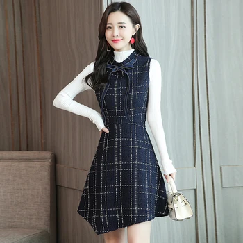 

Autumn Winter Bow Irregular Women Dress Ukraine Lattice Vest Bottom Vintage Dress Vestidos Vogue Dress Elegant Vestido De Festa