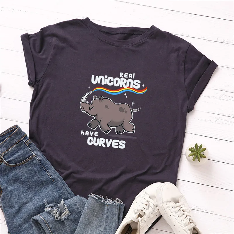

Plus Size S-5XL Fashion Rhinoceros Rainbow Print T Shirt Women 100% Cotton O Neck Short Sleeve Summer T-Shirt Tops Casual TShirt