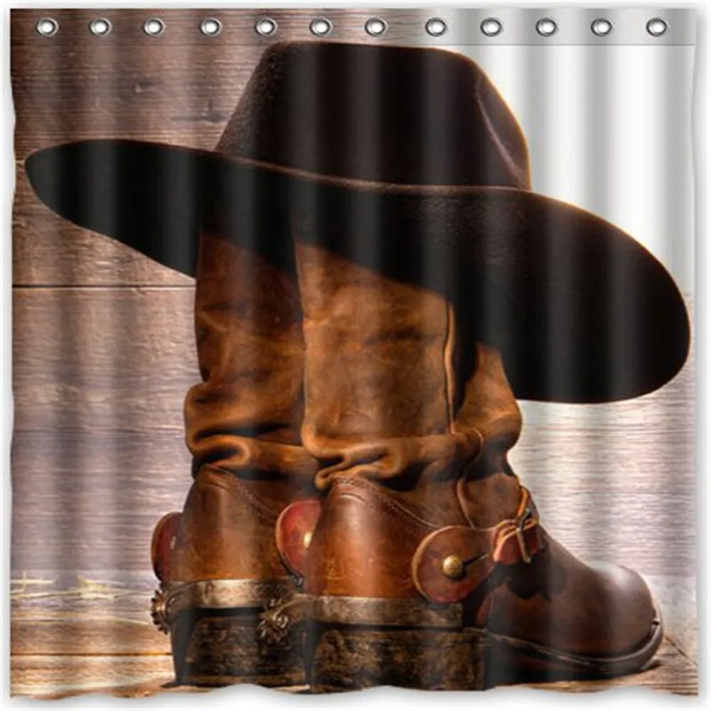 Cool design American West Rodeo Cowboy Black Felt Hat Atop Worn Western Boots Vintage Style Shower 0 Generic Curtain Lin | Дом и сад