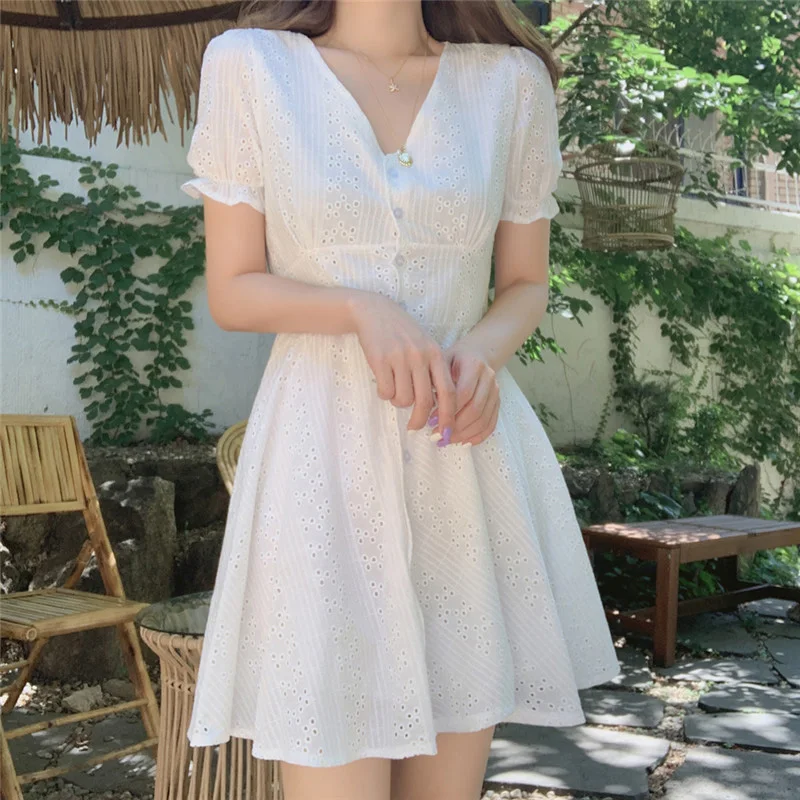 Белое открытое Хлопковое платье на пуговицах, Короткие корейские летние платья в стиле Харадзюку С v-образным вырезом и короткими рукавами,, подсолнух
