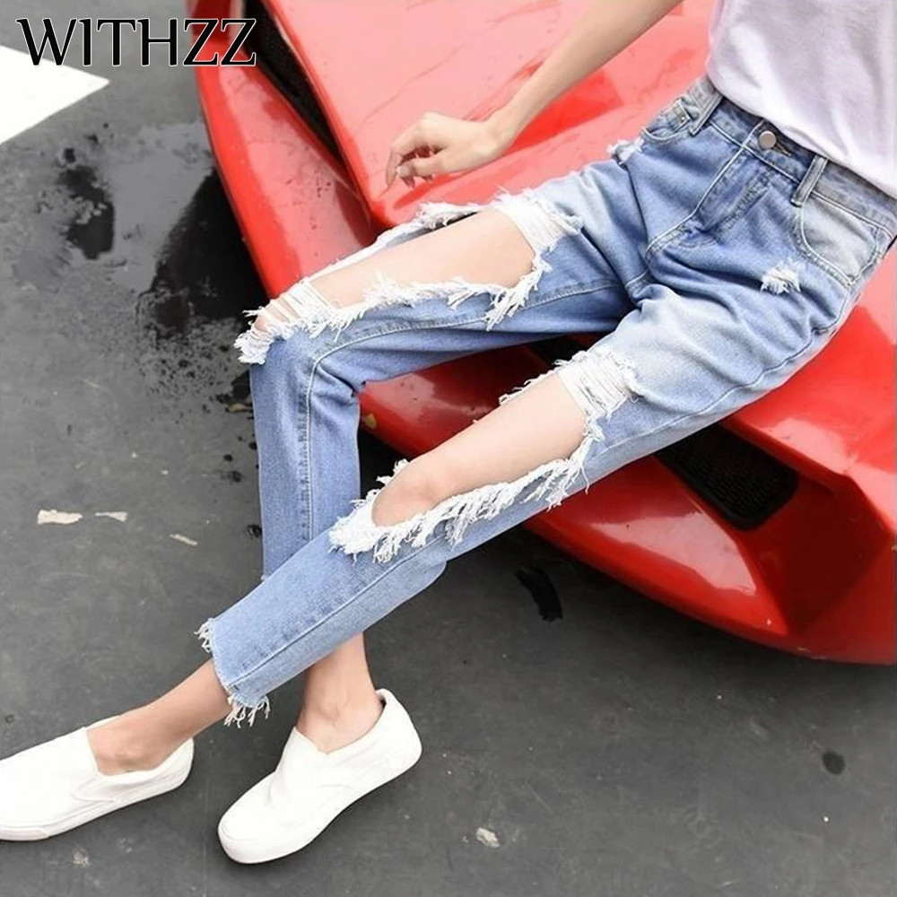 

WITHZZ Ripped Jeans IG Recommended Women's Loose Jeans Women Pants Breeches Overalls Vintage Female Torn Trousers Plus Size