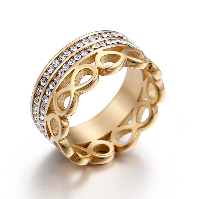 Изысканные вечерние кольца для женщин из нержавеющей стали бесконечное свадебное кольцо серебряное Золотое женское кольцо из циркония - Цвет основного камня: 18 K gold