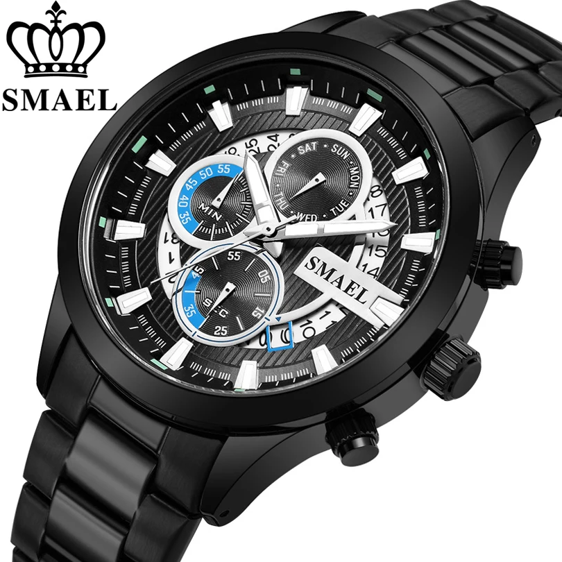 SMAEL Black & Gold Quartz Watch Top Brand Luxury Men Watches Fashion Man Wristwatches Stainless Steel Relogio Masculino Saatler