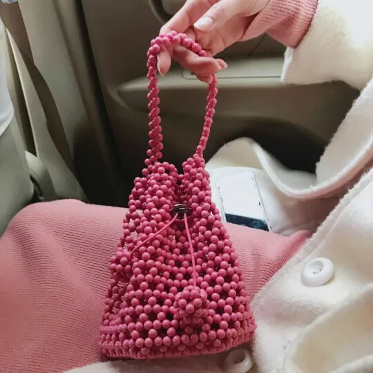 النساء الاكريليك اللؤلؤ حمل الأعلى مقبض مزين الخرزة دلو حقيبة اليدوية الرباط صغيرة الجوف حقائب السيدات حزب مساء أكياس