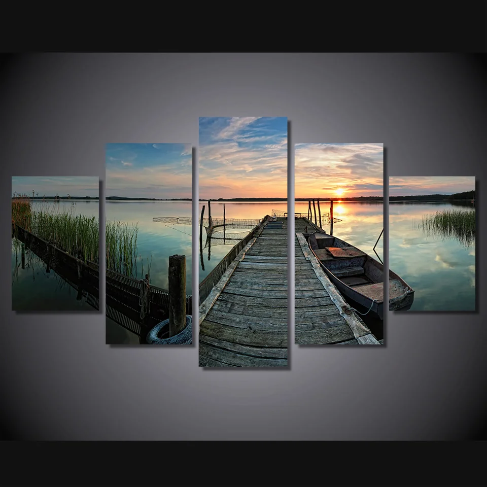 5-Piece-canvas-art-Prichal-Lodka-Ozero-Zakat-Priroda-Decoration-for-home-Canvas-Art-HD-Print