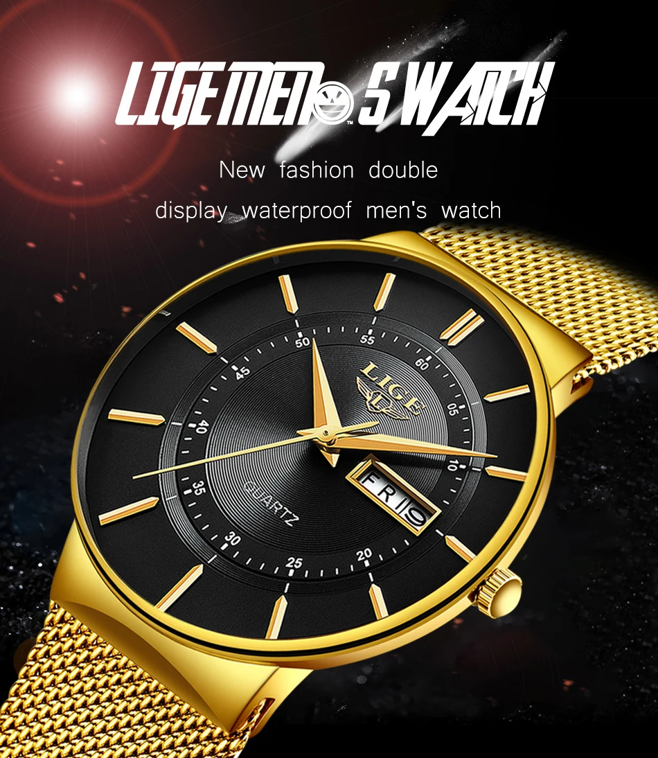 Relogio Masculino LIGE New Mens Watches Top Brand Luxury Ultra Thin Quartz Watch Men Steel Mesh Strap Waterproof Gold Watch