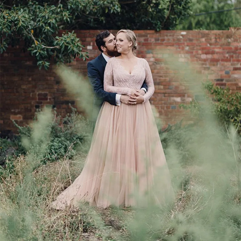 Vestido De Noiva New V Neck Lace Tulle Long Sleeve Pink