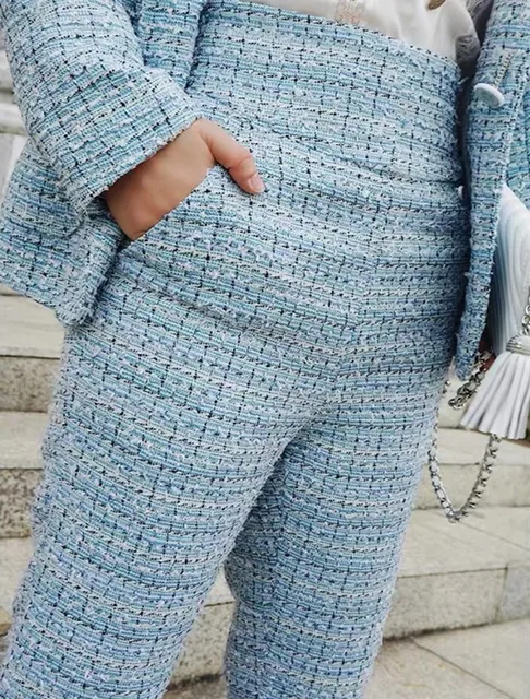 Spring Summer Women Blue Thin Tweed Pants Top Brand High Waist Office  Ladies Slim Fit Trousers Straight Ankle Length Pants - Pants & Capris -  AliExpress