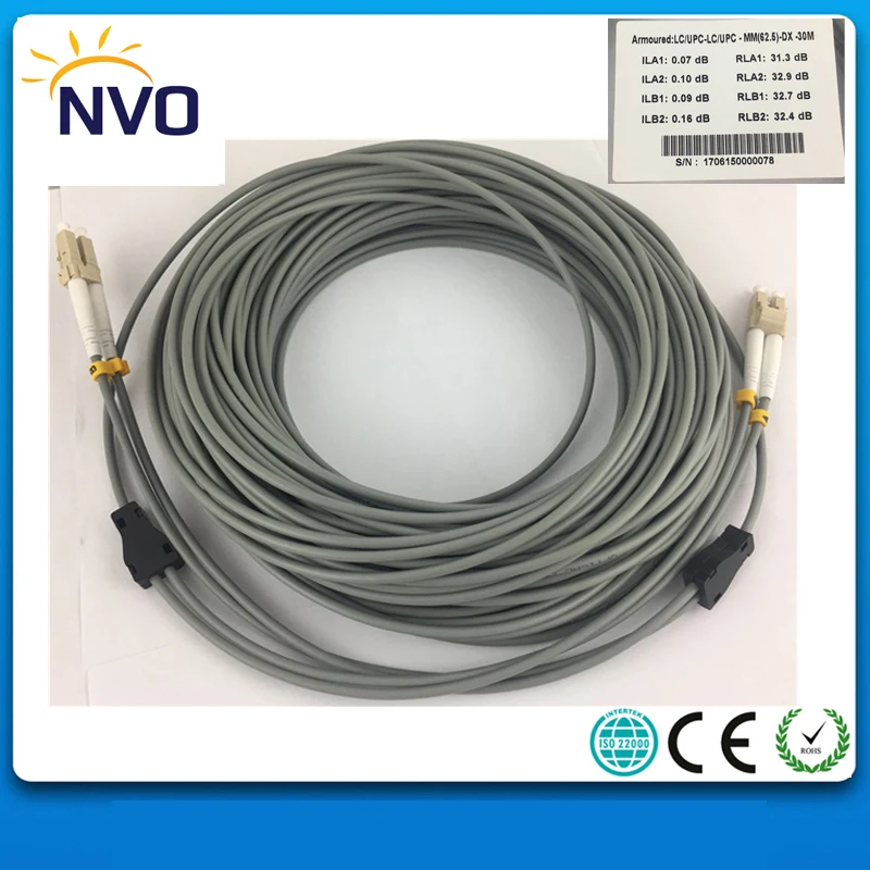 

5Pcs/Lot LC/UPC-LC/UPC,MM(62.5/125),DX(0.6mm Tight Buffer Fiber),L:30M,Dia:3.0mm,PVC Jacket,Armored Patch cord